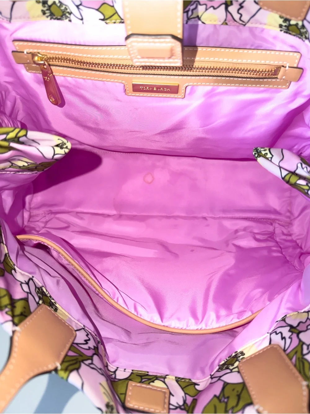 Tory Burch Ella Pink Floral Print Tote with Tan Leather Logo Laptop Sleeve